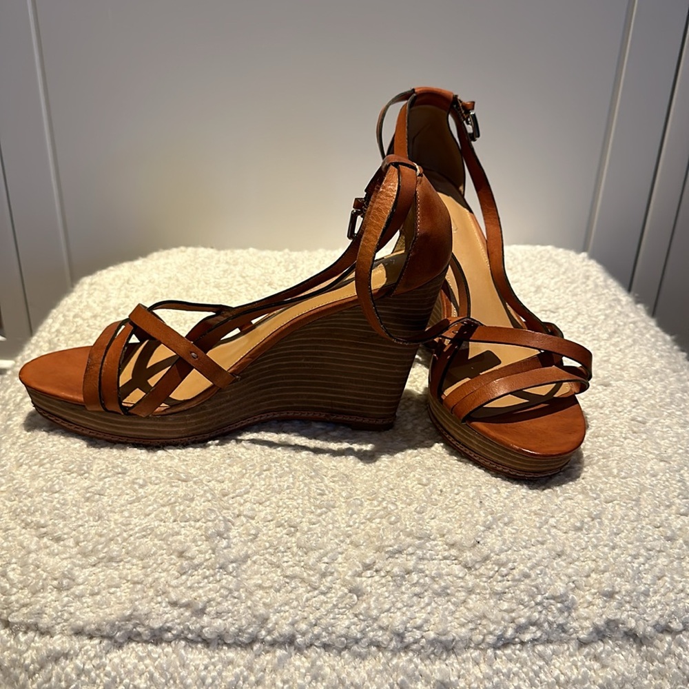 Brown leather Coach strapped wedge sandals.